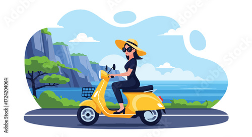 Flat style illustration of a woman riding a scooter along a scenic coastal road with cliffs and ocean views, symbolizing summer travel, adventure, freedom, and vacation lifestyle