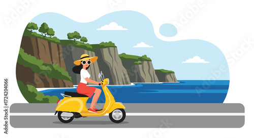 Flat style illustration of a woman riding a scooter along a scenic coastal road with cliffs and ocean views, symbolizing summer travel, adventure, freedom, and vacation lifestyle