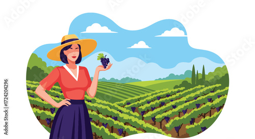 Flat style illustration of a woman in a hat standing in a vineyard with grapevines, symbolizing wine production, agriculture, farming, and rural lifestyle