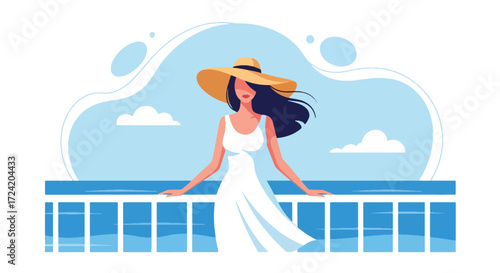 Flat style illustration of a woman in a summer dress and hat standing on a balcony overlooking the sea, symbolizing relaxation, vacation, freedom, and lifestyle