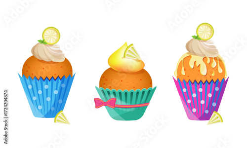 Multicolored lemon cupcakes on a white background with icing and cream. Illustration vector