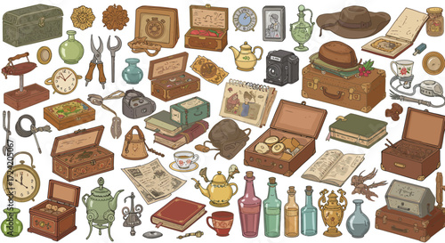 Vintage collectibles set: antiques, cameras, watches, books, and more in retr…