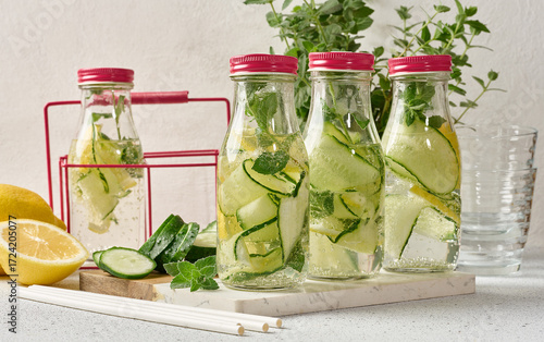 Glass bottles with red lids, filled with detox water containing cucumber and lemon slices and mint leaves, white table