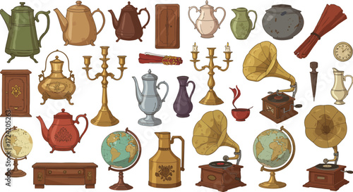 Vintage tea sets, globes, and gramophones with antique furniture in classic s…
