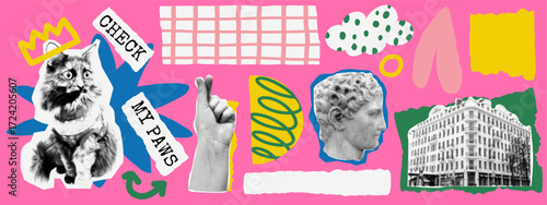Fun kit in a pop zine doodle collage art style. Dadaism scribble dada set style lines bring a weird playful energy. The set includes cat, hand, statue, house, geometric shapes, grid, crown, arrow, dot