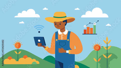 A farmer wearing a wearable device that tracks their movements throughout the field and collects data to analyze their productivity and yield potential.. Vector illustration