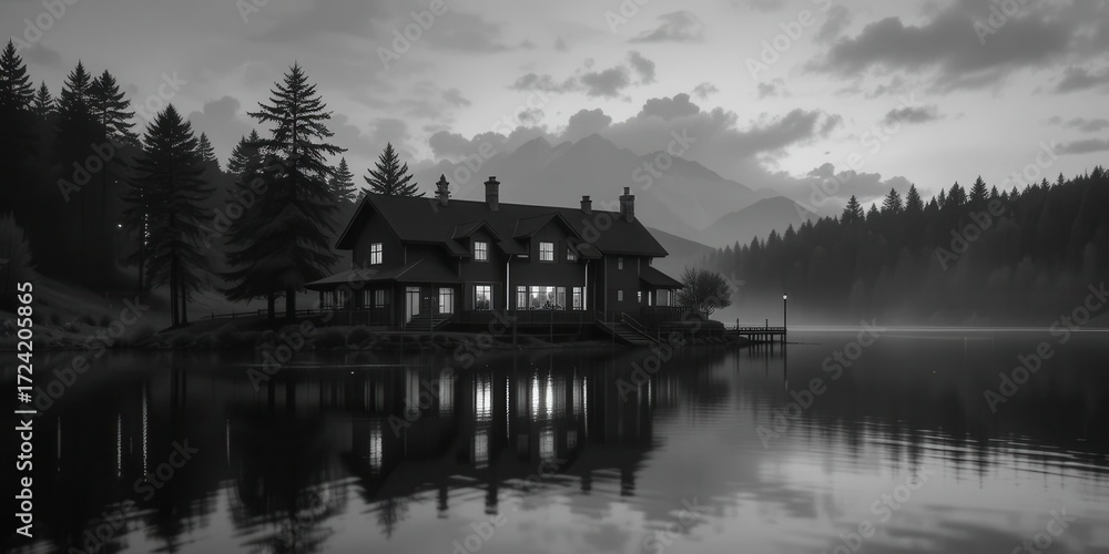 Fototapeta premium Timeless Lakeside Serenity Black and White Lake House A Classic Study in Light and Shadow