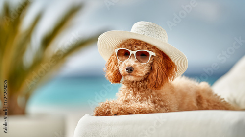 Cute dog relaxing on a beach lounger wearing a white sunhat and sunglasses, enjoying vacation vibes in a tropical setting