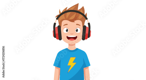 Cheerful cartoon boy with red headphones enjoying music, expressing happiness and youthful energy in a vibrant digital illustration isolated on white