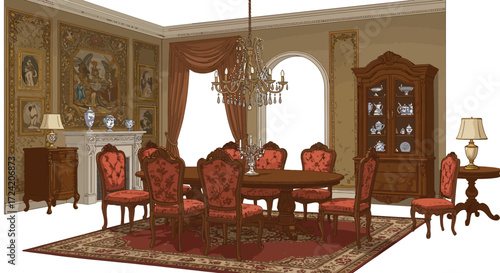 Luxurious antique dining room with vintage decor and classic furniture