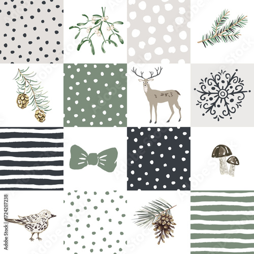 Christmas seamless pattern. Deer animal, cone, pine twig, bird, mistletoe, mushroom, snow, patchwork background. Vector illustration. Nature design. Season greeting. Winter forest. Xmas holidays