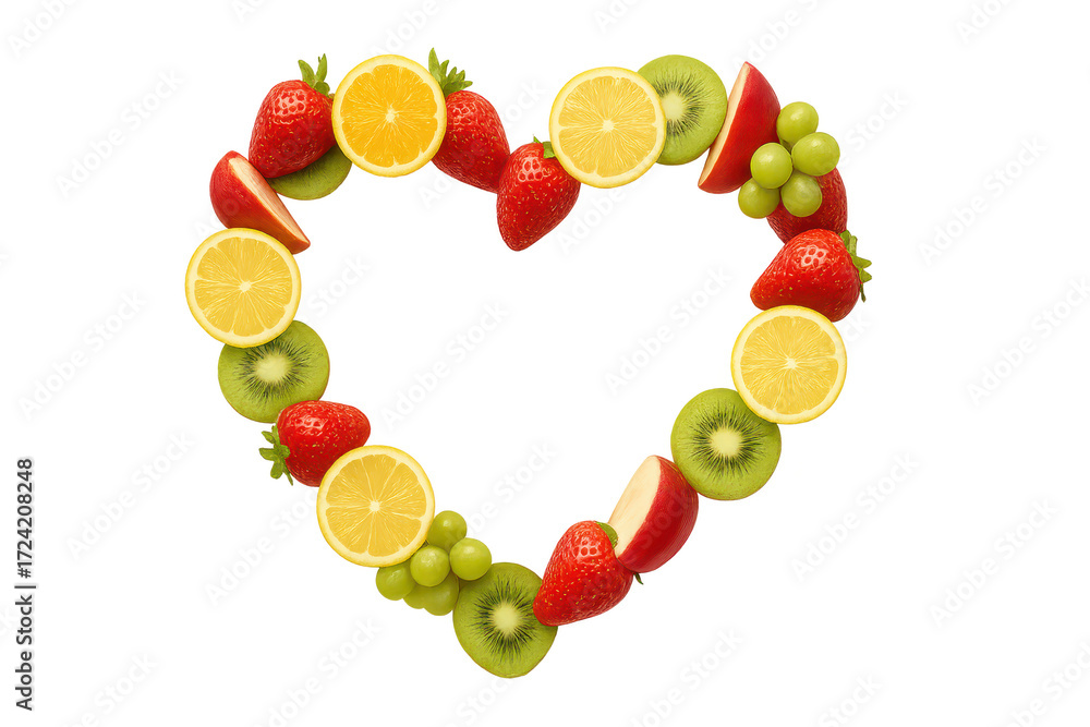 Obraz premium Heart-shaped arrangement of colorful fresh fruits isolated on transparent background
