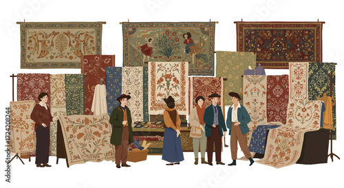 Vintage market scene with people browsing intricate tapestries and textiles
