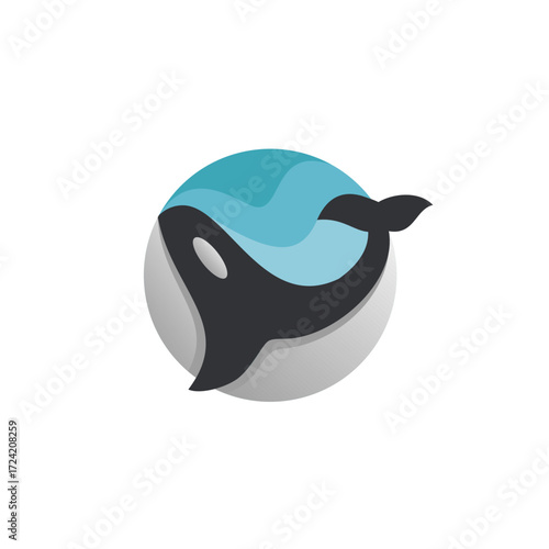 A stylized logo depicting a killer whale leaping from the ocean, within a circular design.