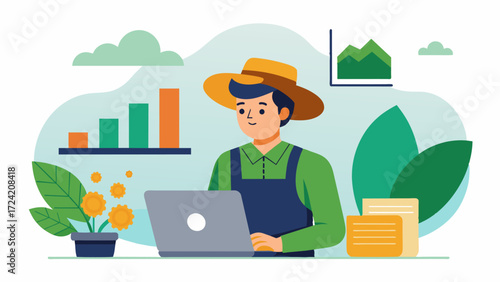A farm owner analyzing financial reports and data on their laptop using it to make strategic decisions for their business.. Vector illustration