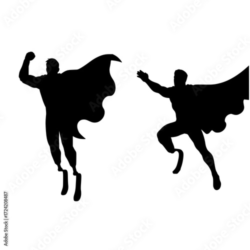 Powerful superhero silhouettes soaring in dynamic poses, embodying strength, bravery, and heroic action for comics or branding projects