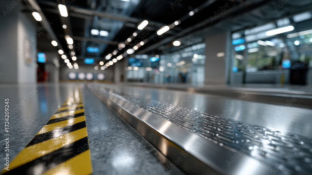 Fototapeta premium An innovative indoor space showcasing sleek flooring with striped borders, complemented by a modern architectural design that reflects contemporary style.