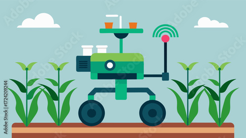A closeup of a robotic weed control device using advanced sensors and artificial intelligence to differentiate between crops and weeds. The device can then target and remove the. Vector illustration
