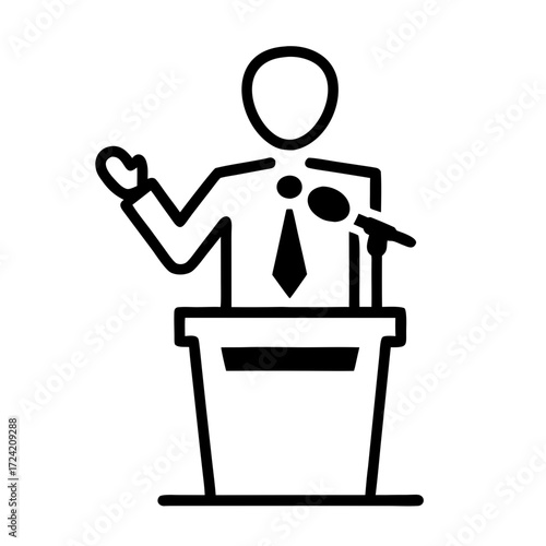 Speaker gesturing while presenting at a podium with a microphone  