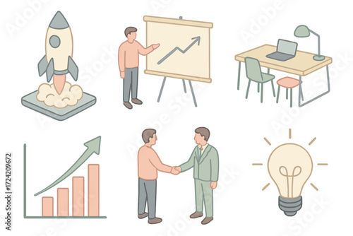 Startup Icon Set. Isometric vector illustration set of startup culture icons: rocket launch, pitch presentation board, coworking