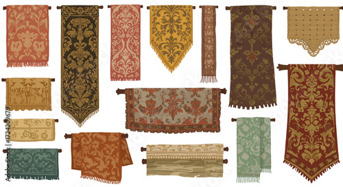 Vintage tapestries featuring intricate floral patterns and rich colors