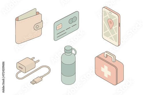 Travel Essentials Icons. Isometric vector illustration set of travel essentials icons: wallet, credit card, smartphone with map,