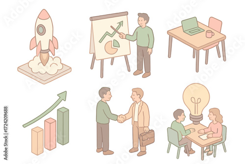 Startup Icon Set. Isometric vector illustration set of startup culture icons: rocket launch, pitch presentation board, coworking
