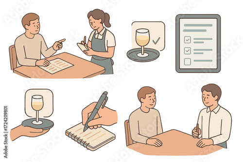 Table Order Icons. Isometric vector illustration set Table Order Process: guest pointing at menu, waitress writing order, tablet