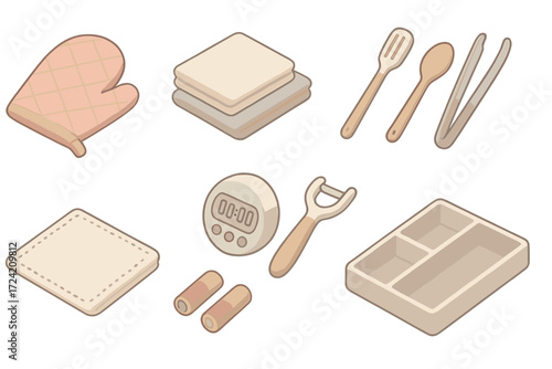 Pastel Kitchen Essentials. Isometric vector illustration set Kitchen Drawer Items: mitt folded next to towels, timer stored near