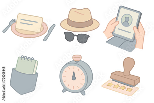 Anonymous Dining Icons. Isometric vector illustration set Anonymous Dining Tools: reservation under alias, hat and glasses
