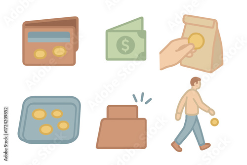 Spare Change Moments. Isometric vector illustration set Spare Change Moments: wallet open with coins ready, small bill folded from
