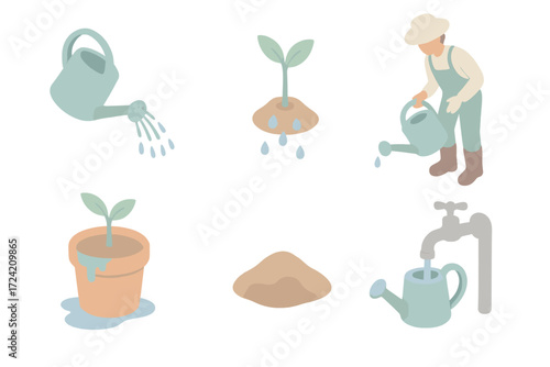 Watering Plant Actions. Isometric vector illustration set Watering Process Actions: water pouring from can onto soil, droplets