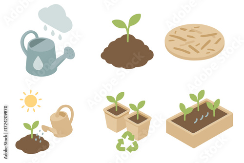 Sustainable Gardening Icons. Isometric vector illustration set Sustainable Gardening Practices: rainwater reuse with can, compost