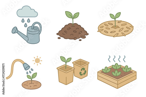 Sustainable Gardening Icons. Isometric vector illustration set Sustainable Gardening Practices: rainwater reuse with can, compost