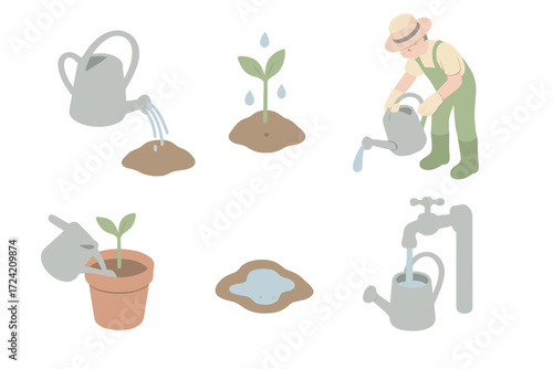 Watering Plant Actions. Isometric vector illustration set Watering Process Actions: water pouring from can onto soil, droplets