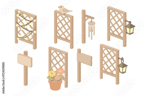 Trellis Garden Decor. Isometric vector illustration set Decorative Trellis Enhancements: fairy lights woven through trellis, bird