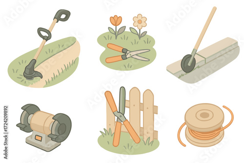 Garden Tool Icons. Isometric vector illustration set Grass Trimming Tools: string trimmer beside path, grass shears near flower