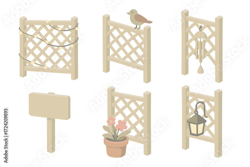 Trellis Garden Decor. Isometric vector illustration set Decorative Trellis Enhancements: fairy lights woven through trellis, bird