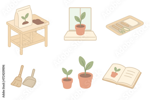 Indoor Potting Scene. Isometric vector illustration set Indoor Potting Scene: potting bench with soil bag, windowsill with freshly