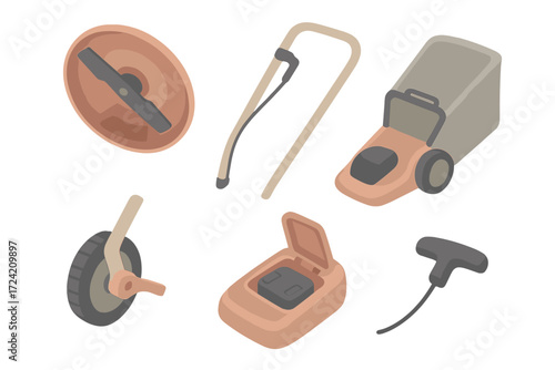 Lawnmower Parts Illustration. Isometric vector illustration set Lawnmower Parts and Details: mower blade under deck, handle with