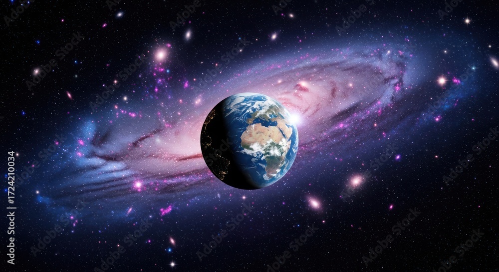 Obraz premium Earth against a backdrop of spiral galaxy, showing continents and lights