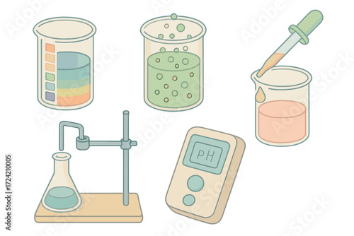 Acid-Base Reaction Icons. Isometric vector illustration set Acid-base reaction visuals: beaker with pH scale gradient,