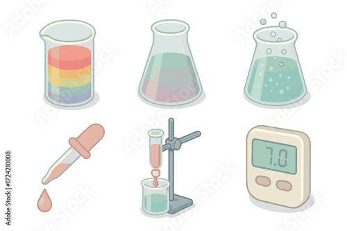 Acid-Base Reaction Icons. Isometric vector illustration set Acid-base reaction visuals: beaker with pH scale gradient,