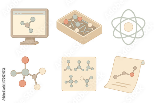 Molecular Modeling Tools. Isometric vector illustration set Molecular modeling tools: 3D modeling software window, ball and stick