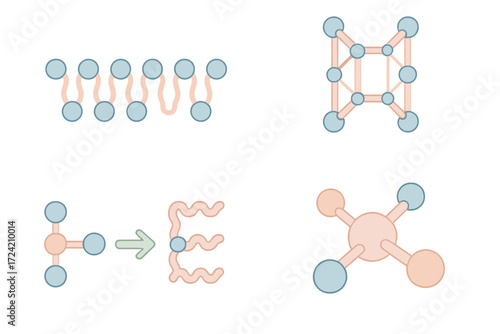 Polymer Structure Icons. Isometric vector illustration set Polymer and macromolecules: polymer chain repeating units, crosslinking