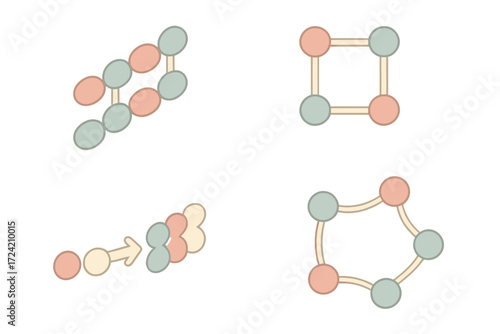 Polymer Structure Icons. Isometric vector illustration set Polymer and macromolecules: polymer chain repeating units, crosslinking