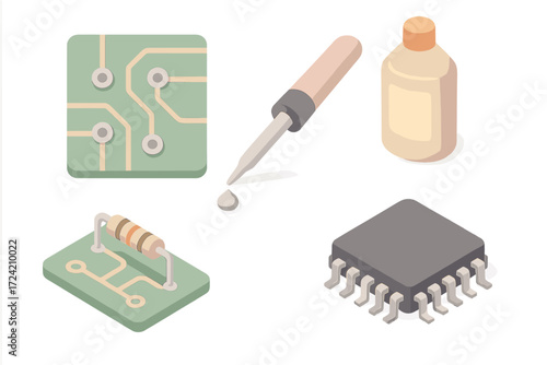 Circuit Board Essentials. Isometric vector illustration set Circuit board solder connection: green PCB with copper traces,