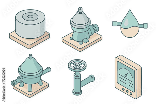 Centrifuge Systems Icons. Isometric vector illustration set Industrial centrifuge systems: large-scale rotor drum, mechanical