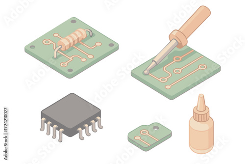 Circuit Board Essentials. Isometric vector illustration set Circuit board solder connection: green PCB with copper traces,