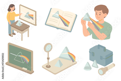 Optics Education Icons. Isometric vector illustration set Educational optics visuals: classroom prism demonstration, textbook
